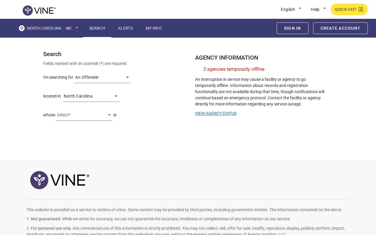 VINELink North Carolina person search controls
