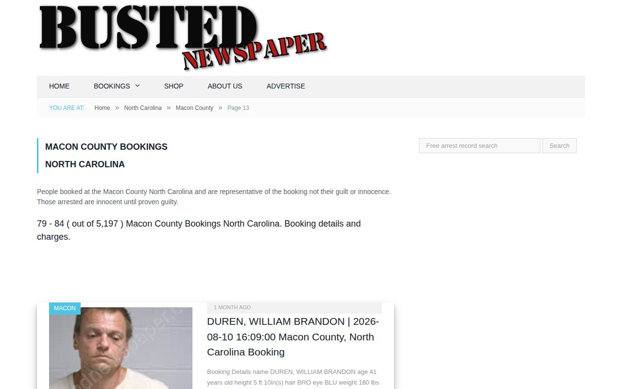Deeper page in an unofficial Macon County arrest archive showing archive pagination