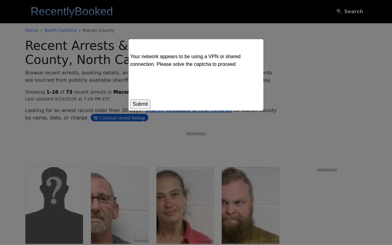 Unofficial Macon County recent booking page showing update and archive controls